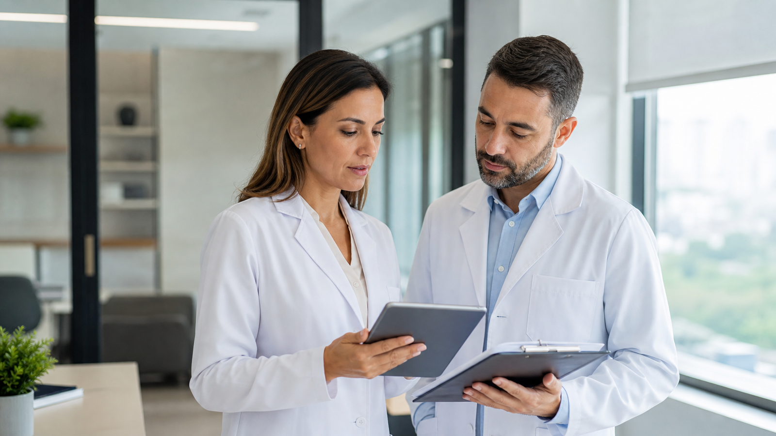 Dois médicos de jaleco analisando documentos