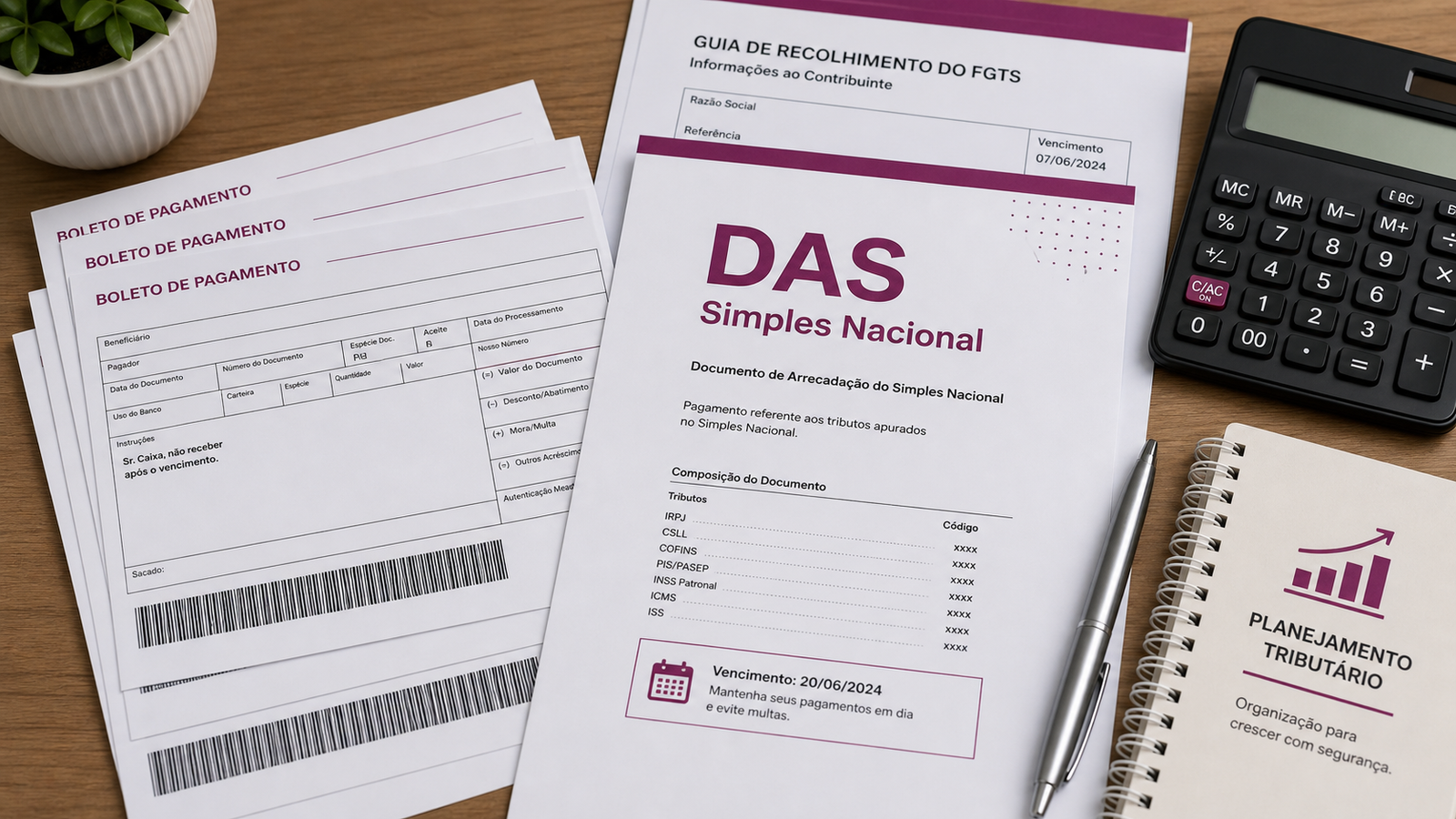 Boletos e guia DAS do Simples Nacional sobre mesa