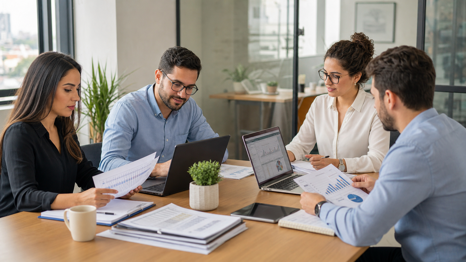 Equipe financeira trabalhando em documentos e planilhas